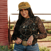 Women's L/S Gold Chain and Turquoise Mesh Top in Black