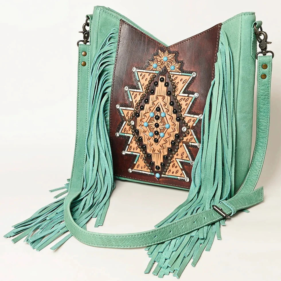 American Darling Turquoise Floral Aztec Fringe Crossbody Bag