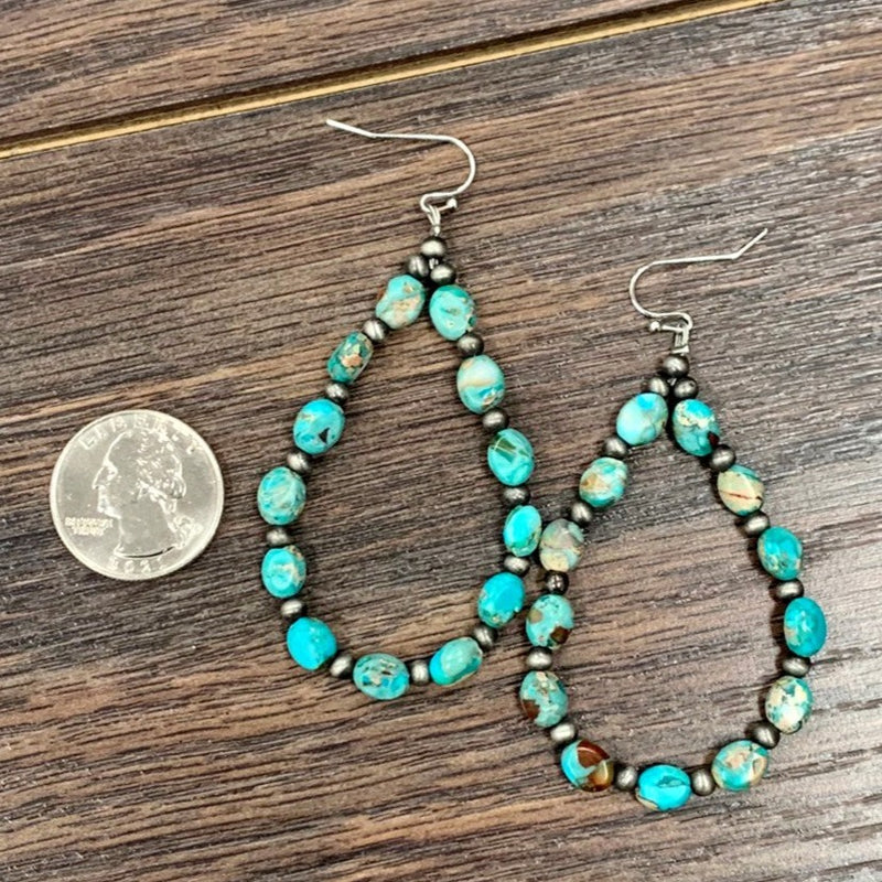 Oval Turquoise Stone & Silver Pearl Teardrop Earrings