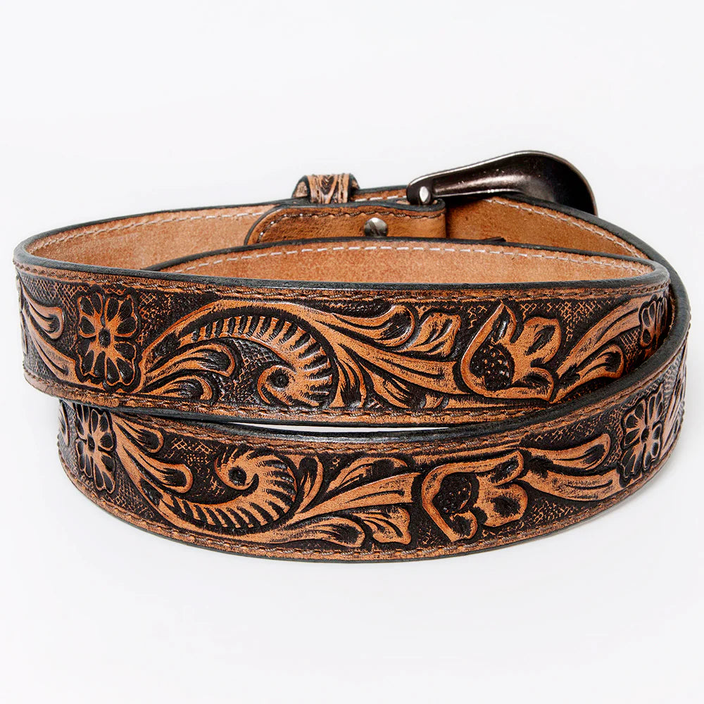 American Leather Western Belt - Hand Tooled Genuine Leather With Removable Buckle