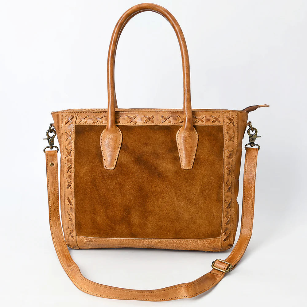 Never Mind! Western Cross Stitched Contrast Brown Genuine Leather Tote Bag