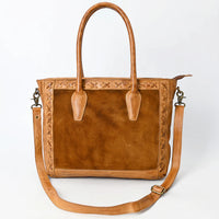 Never Mind! Western Cross Stitched Contrast Brown Genuine Leather Tote Bag