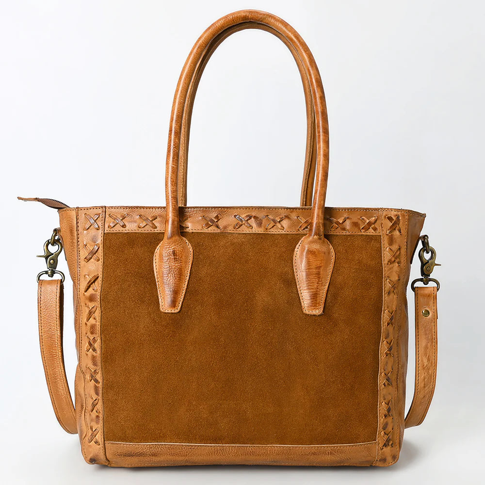 Never Mind! Western Cross Stitched Contrast Brown Genuine Leather Tote Bag