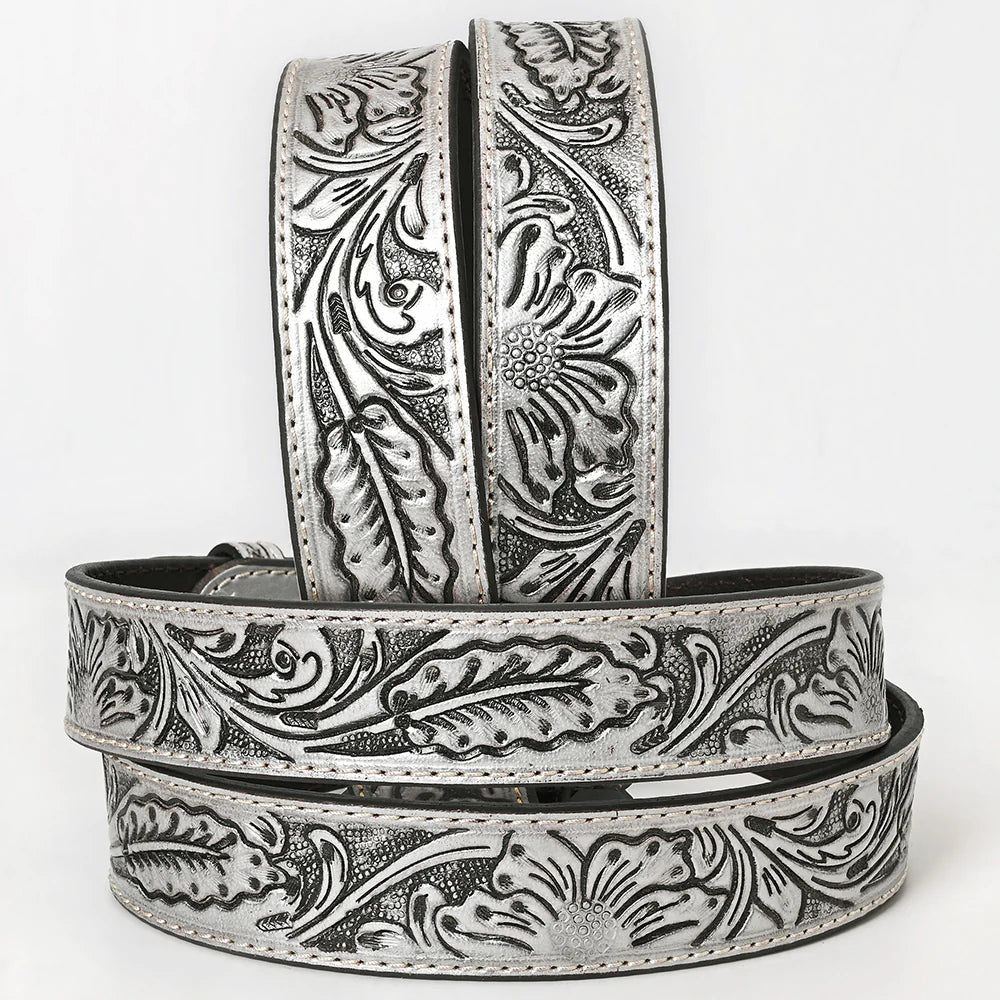 American Darling Silver Western Floral Tooled Leather Belt with Buckle