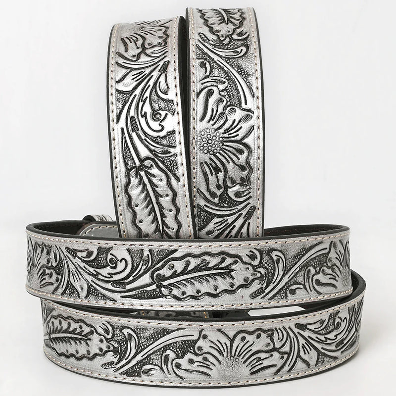 American Darling Silver Western Floral Tooled Leather Belt with Buckle