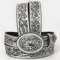 American Darling Silver Western Floral Tooled Leather Belt with Buckle