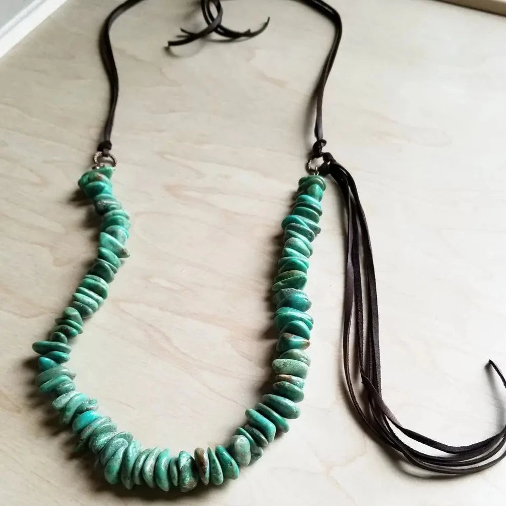 Turquoise Stone Necklace with Side-Tie Leather Tassel