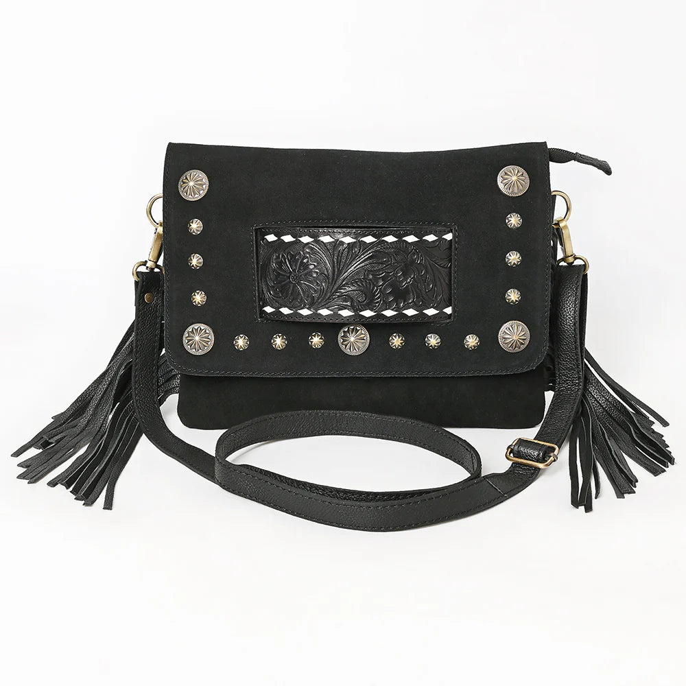 American Darling Genuine Suede Tooled Leather Inlay Fringe Crossbody Bag