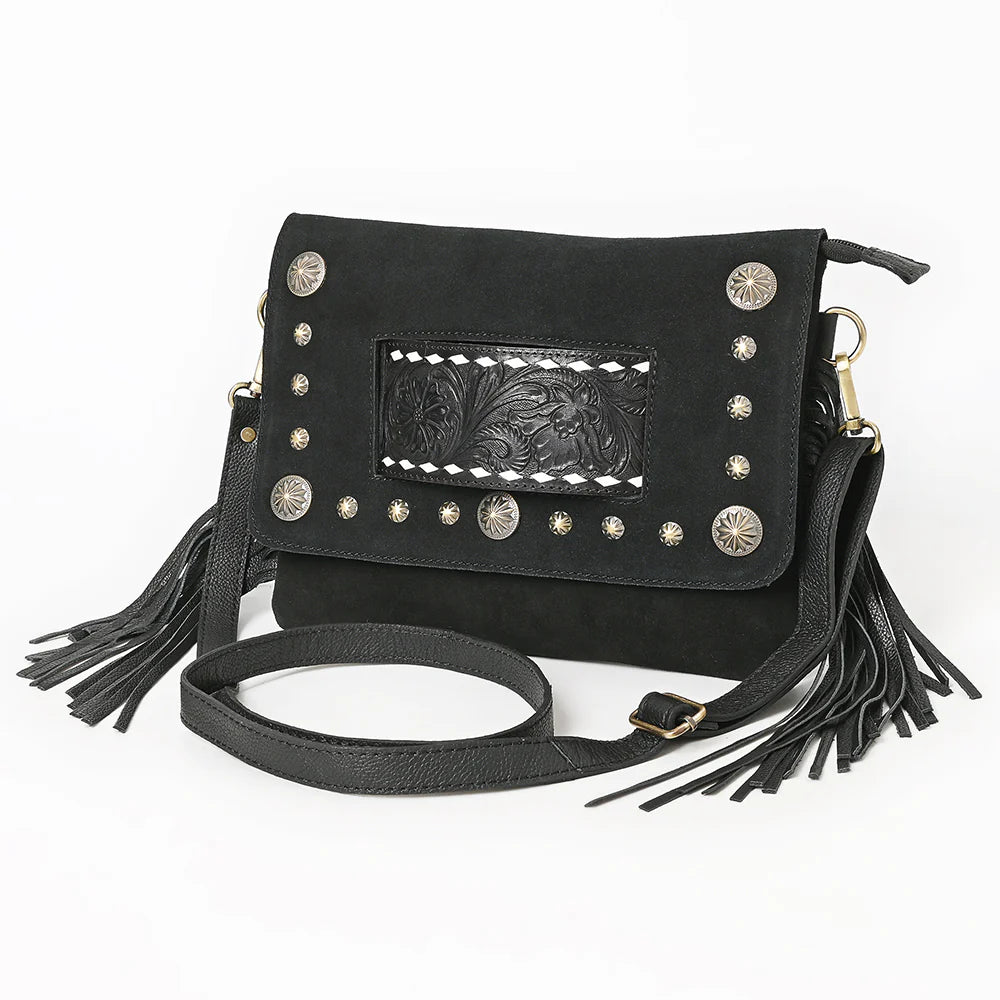 American Darling Genuine Suede Tooled Leather Inlay Fringe Crossbody Bag