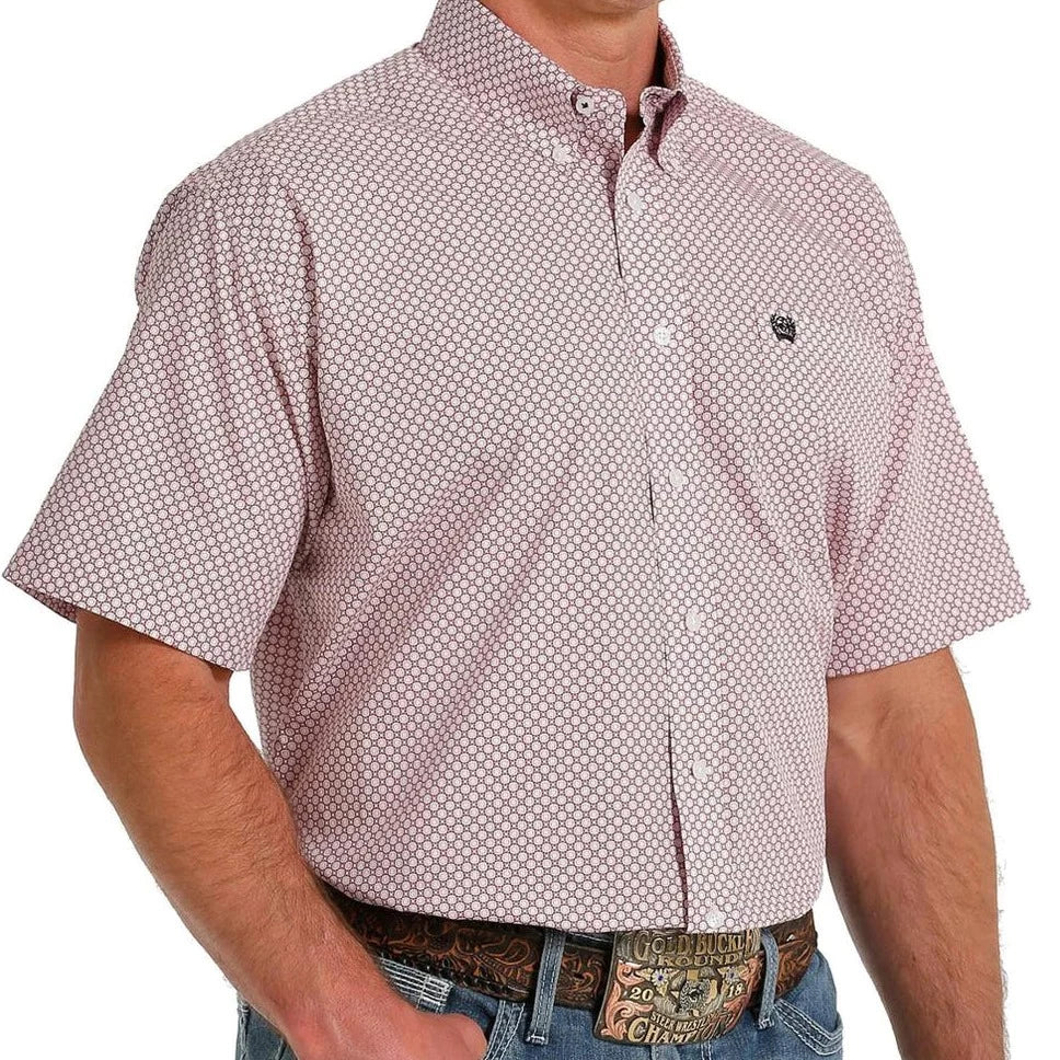 Cinch Men's Classic Fit Pink and White Geo Print Short Sleeve Button Down Shirt