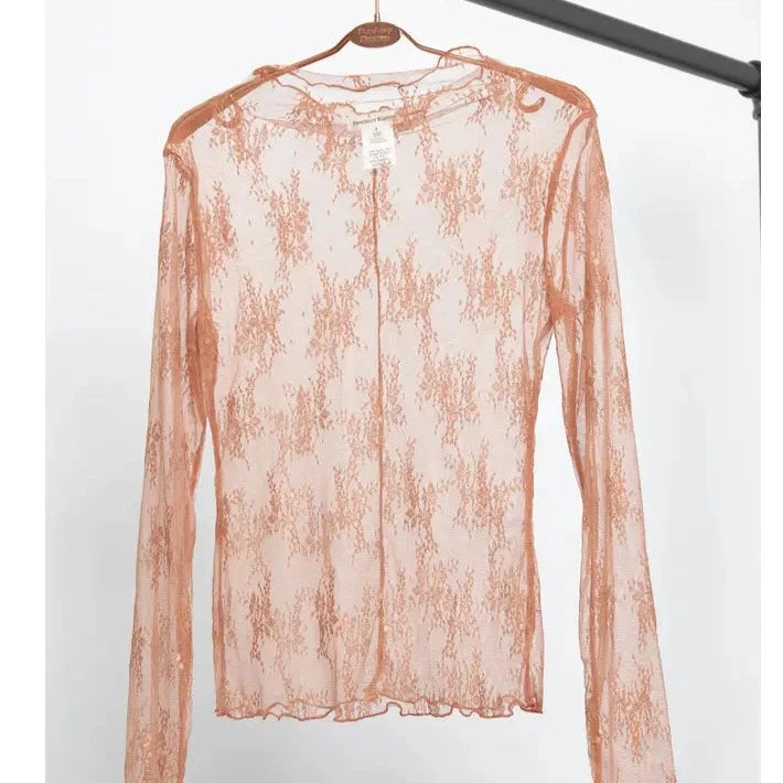 Women's Sheer Jacquard Lace Mesh Long Sleeve Top in Rust