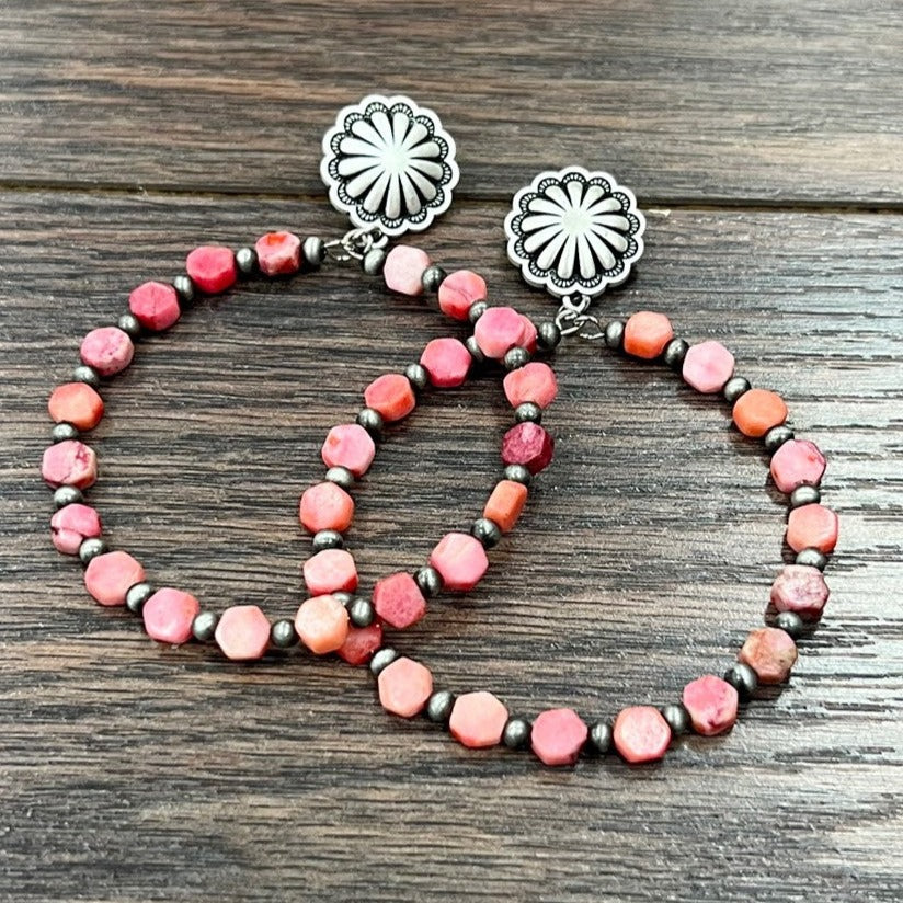 Pink Coral Gemstone Concho Post Hoop Earrings