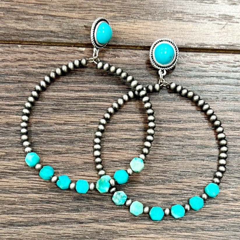 Turquoise Hexagon Gemstone Post Hoop Earrings