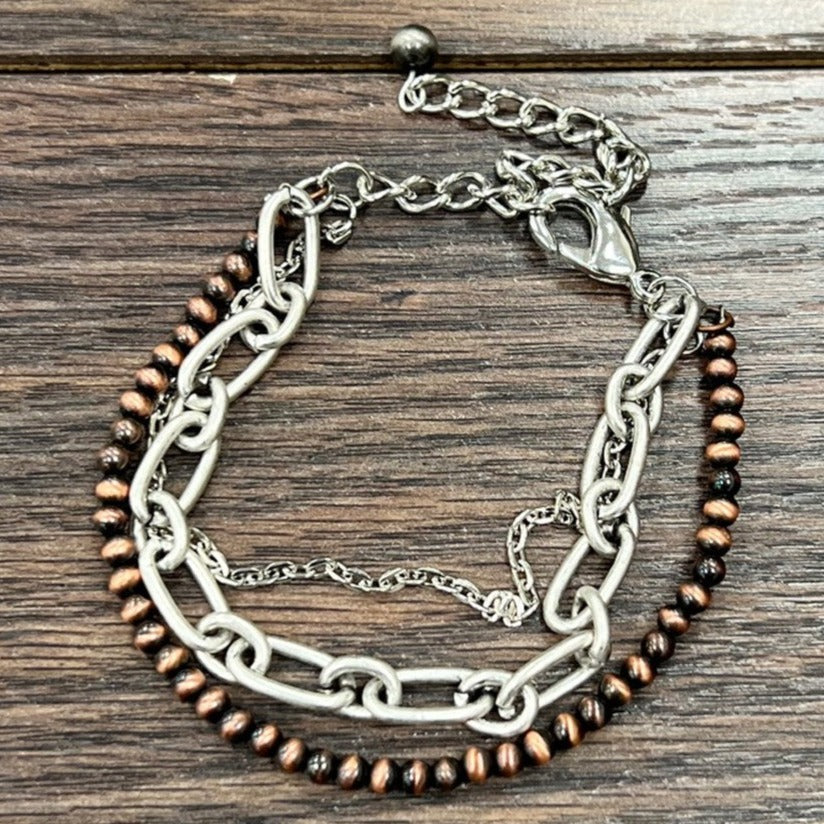 Three Strand Copper Stone and Cable Chain Adjustable Bracelet