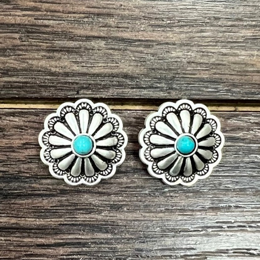 Turquoise Round Silver Concho Stud Earrings