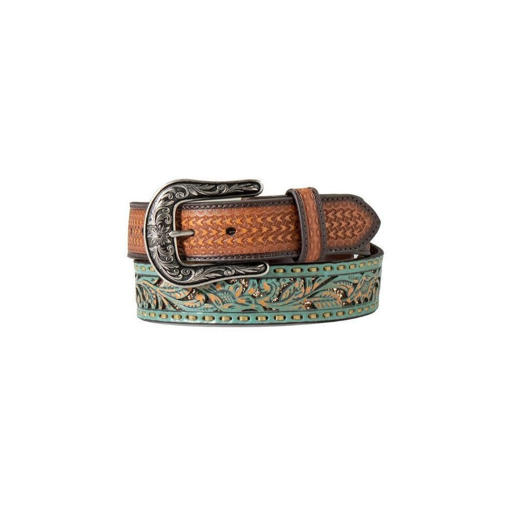 Nocona Women's Turquoise Floral Tooled Glitter Inlay Belt