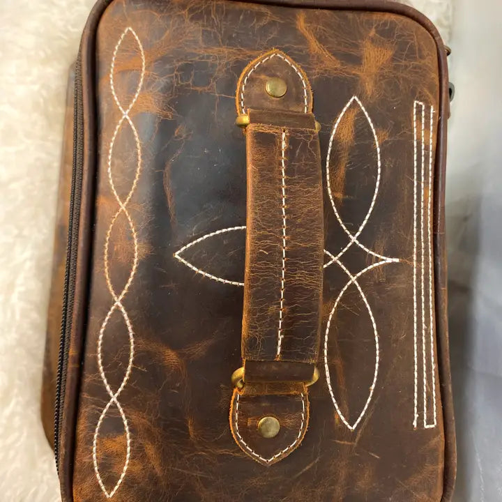 Rustic Genuine Leather Boot Stitch Train Case