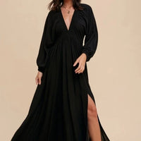 Women's Plunge V-Neck Dolman Sleeved Solid Black Maxi Dress