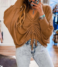 Women's Drawstring Waffle Knit Blouse in Brown
