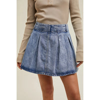 Women's Pleated Denim Mini Skort in Medium Wash