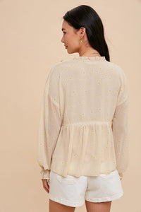 Women's L/S Tie Neck Floral Lace Blouse in Cream