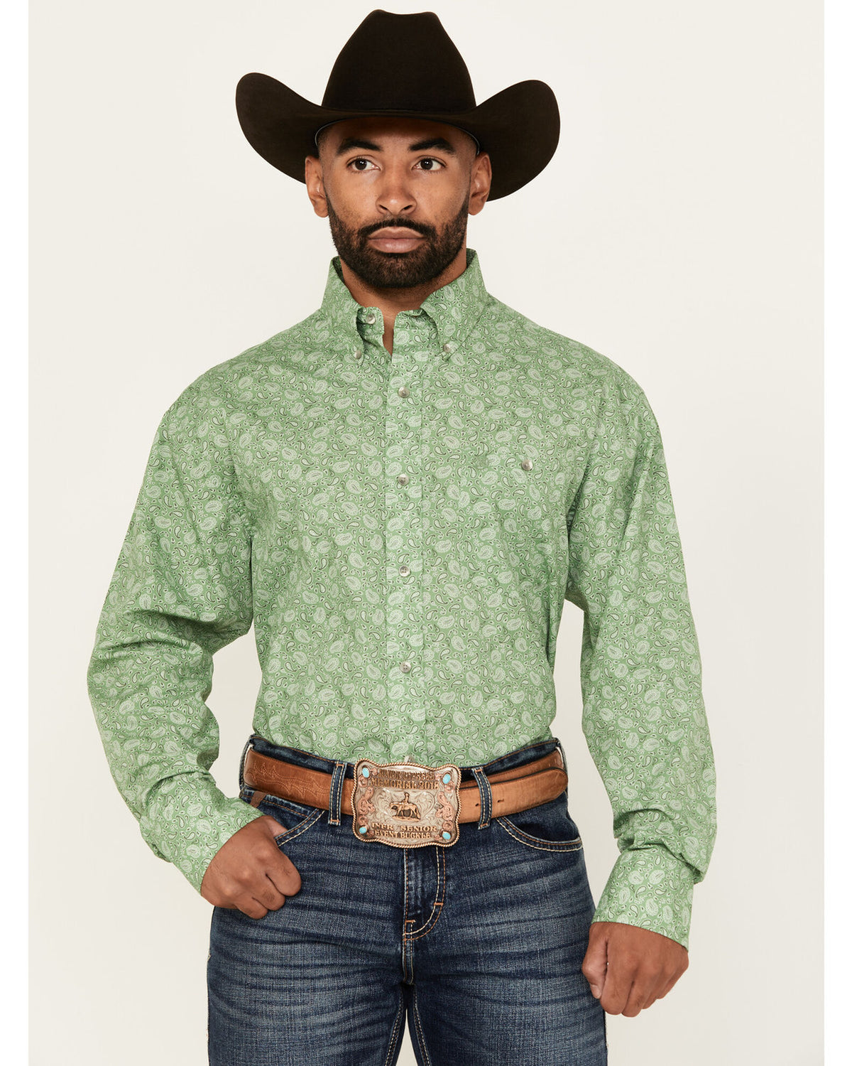 Wrangler Men's L/S Relaxed Paisley Button Down Shirt in Green