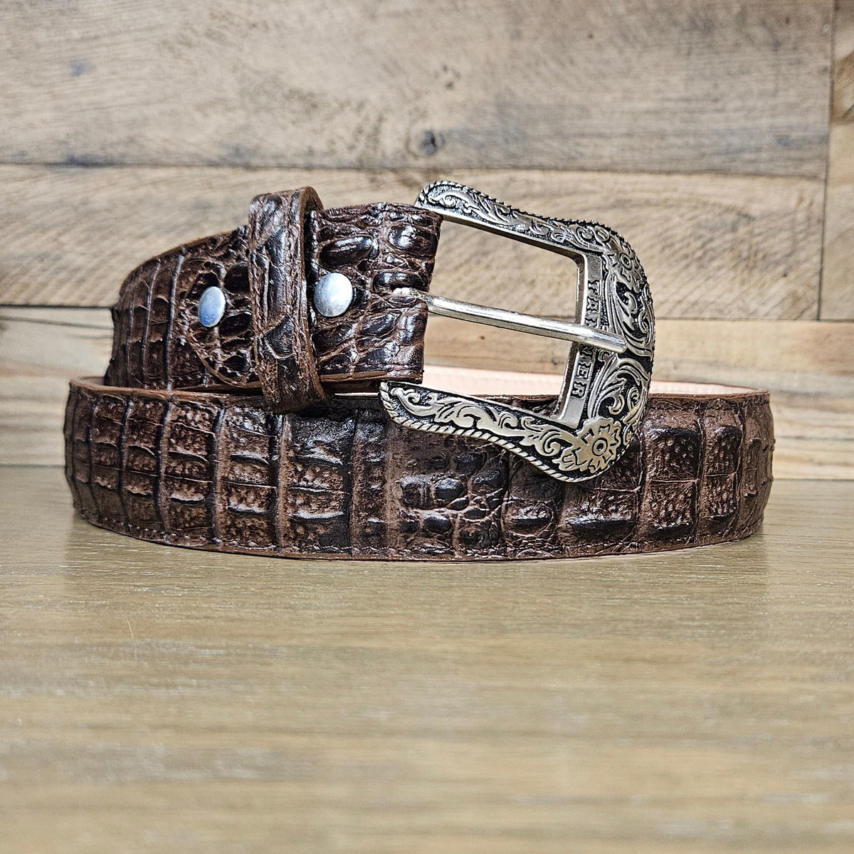 Tanner Mark Men's Hornback Alligator Print Brown Leather Belt