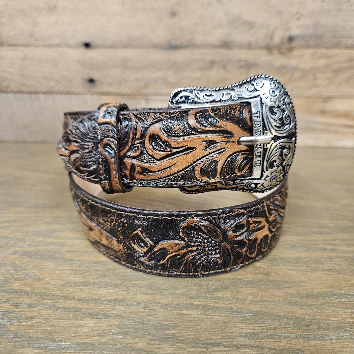 Tanner Mark Men's Hand Tooled Jungle Foliage Brown Leather Belt