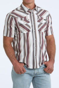 Cinch Men's S/S Camp Shirt in White/Burgundy Stripe