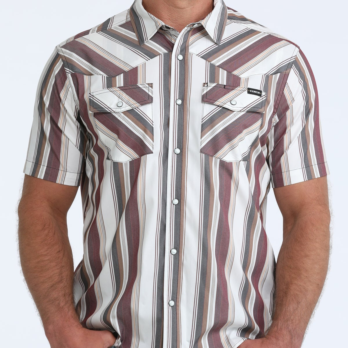 Cinch Men's S/S Camp Shirt in White/Burgundy Stripe