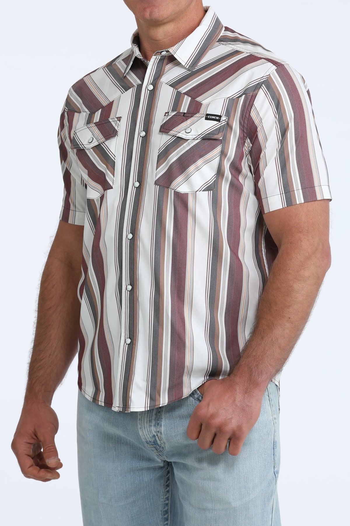 Cinch Men's S/S Camp Shirt in White/Burgundy Stripe