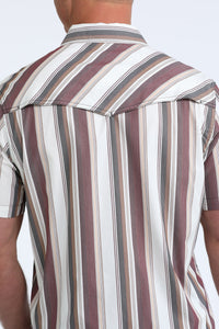 Cinch Men's S/S Camp Shirt in White/Burgundy Stripe