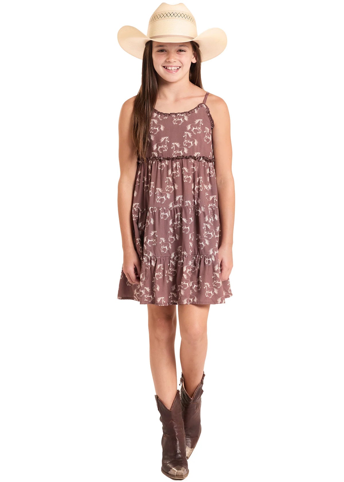 Rock & Roll Denim Girl's Horse Print Dress in Brown