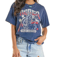 Women's Rock & Roll Denim Wild & Western Rodeo Graphic Tee in Blue