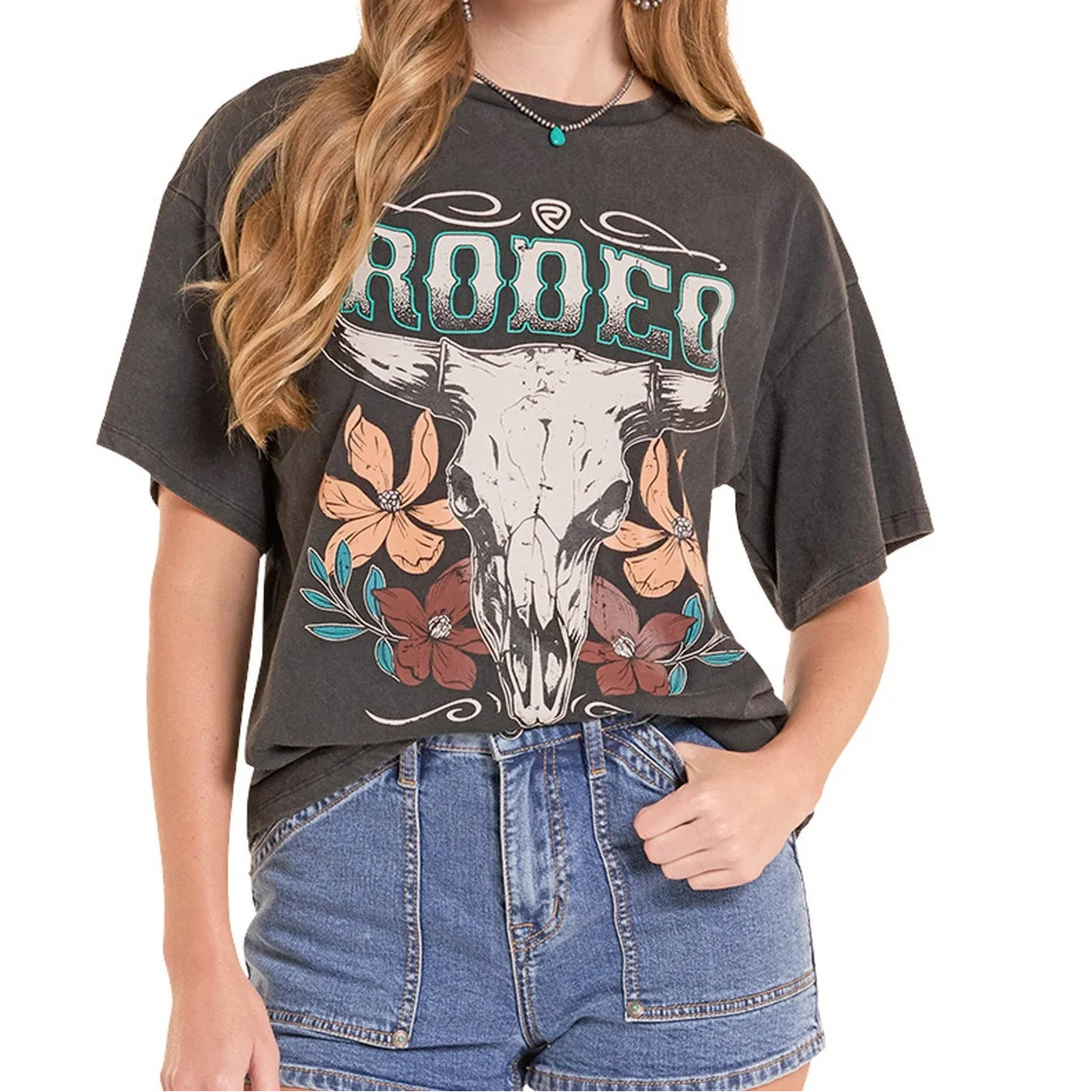 Women's Rock & Roll Denim Longhorn Skull Rodeo Graphic Tee in Charcoal