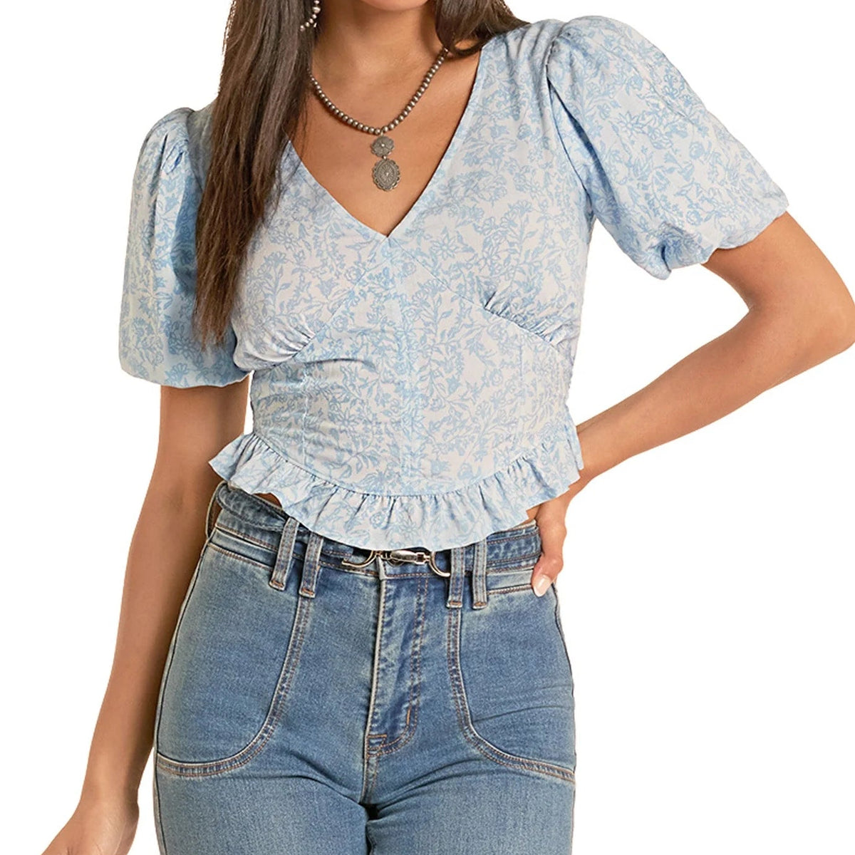Rock & Roll Denim Women's Floral Smocked Top in Cerulean