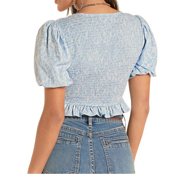 Rock & Roll Denim Women's Floral Smocked Top in Cerulean