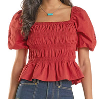 Rock & Roll Denim Women's Cutwork Puff Sleeve Top in Red