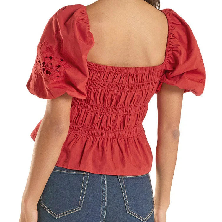 Rock & Roll Denim Women's Cutwork Puff Sleeve Top in Red