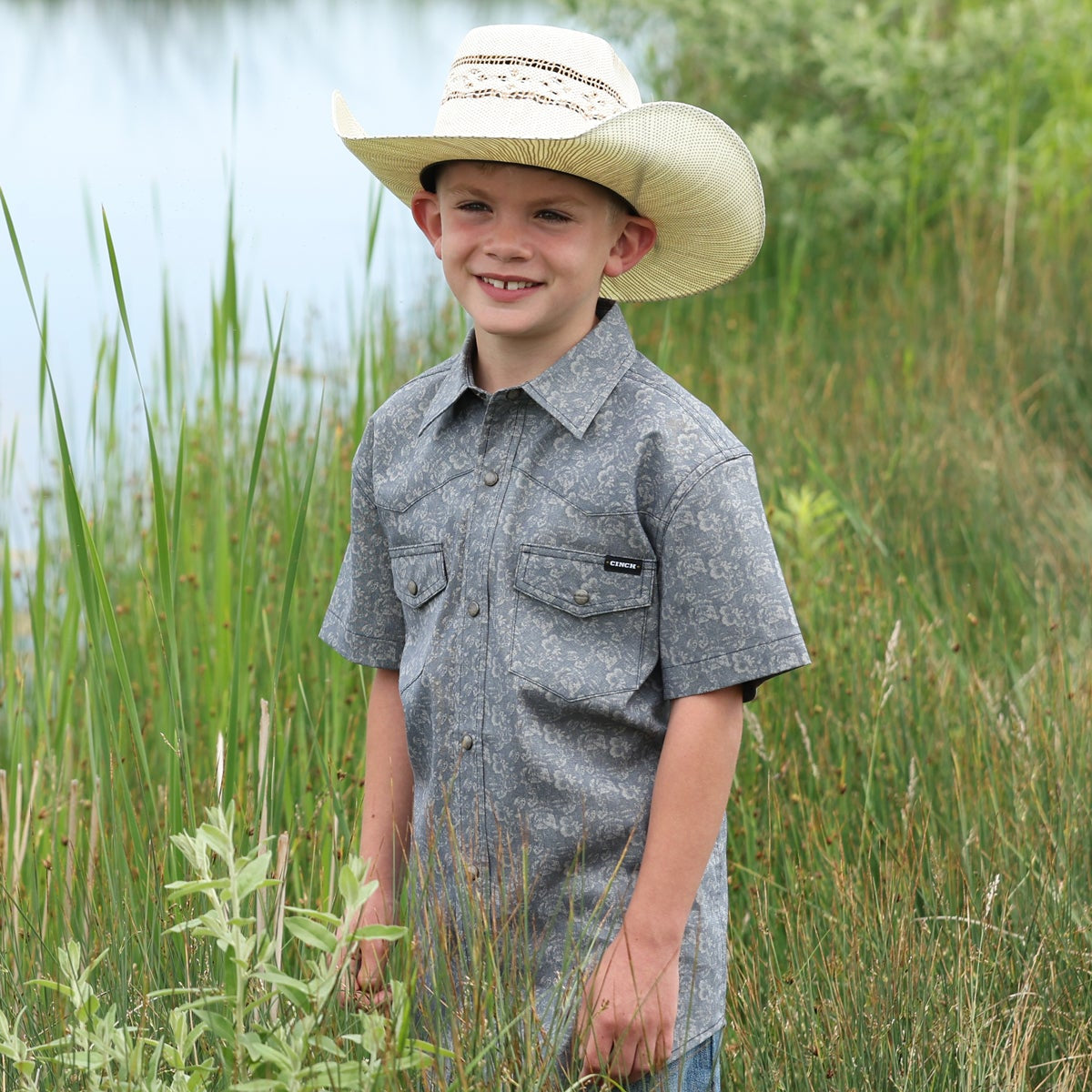 Cinch Youth Boy's S/S Pearl Snap Western Shirt in Navy