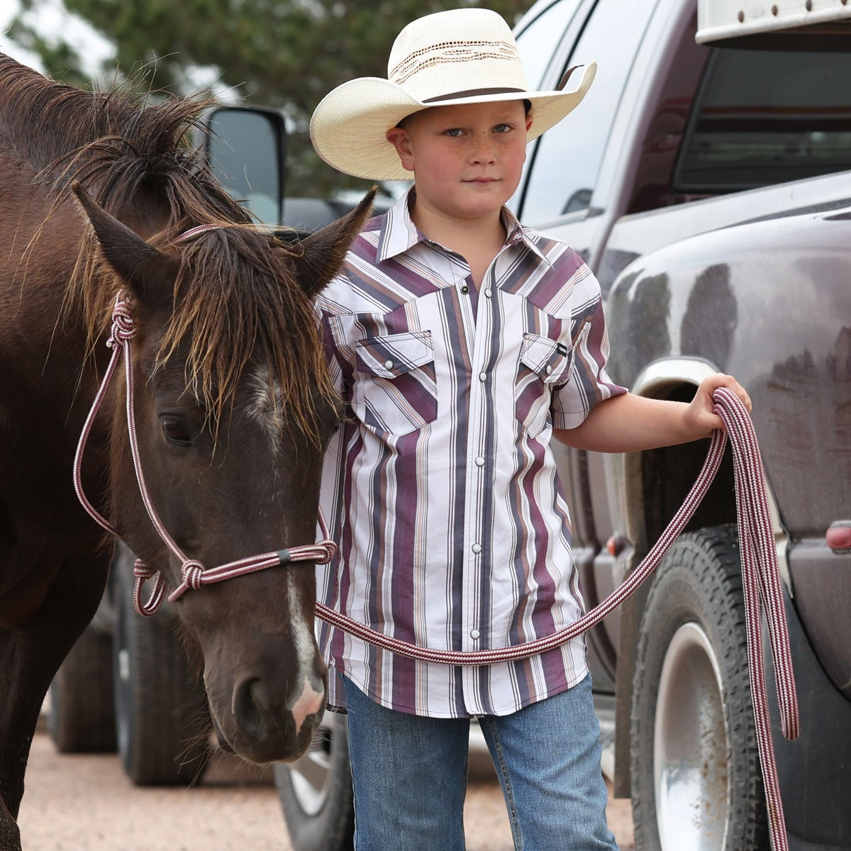 Cinch Youth Boy's S/S Striped Pearl Snap Western Shirt in White