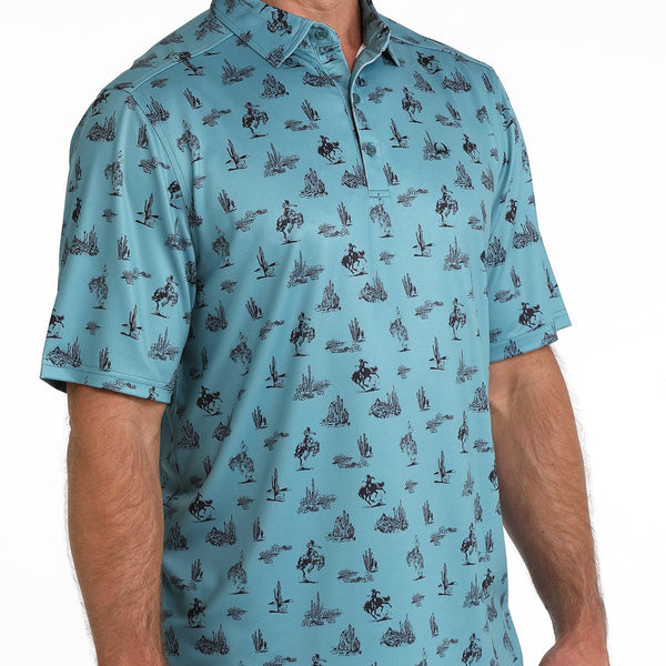 Cinch Men's S/S Arenaflex Western Print Polo in Teal