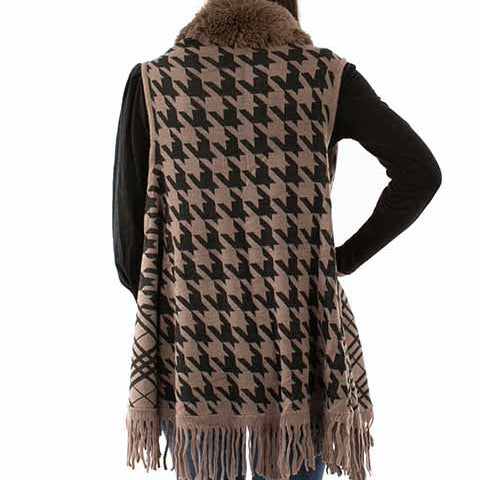 Scully Honey Creek Women's Houndstooth Fur Trim Cardigan in Brown
