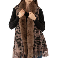 Scully Honey Creek Women's Houndstooth Fur Trim Cardigan in Brown