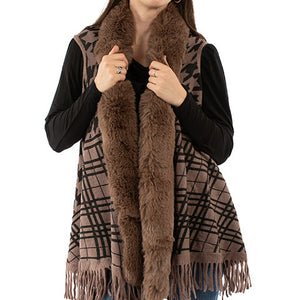 Scully Honey Creek Women's Houndstooth Fur Trim Cardigan in Brown