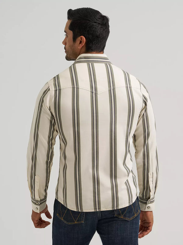 Wrangler Retro® Men's L/S Premium Stripe Western Snap Shirt in Olivine