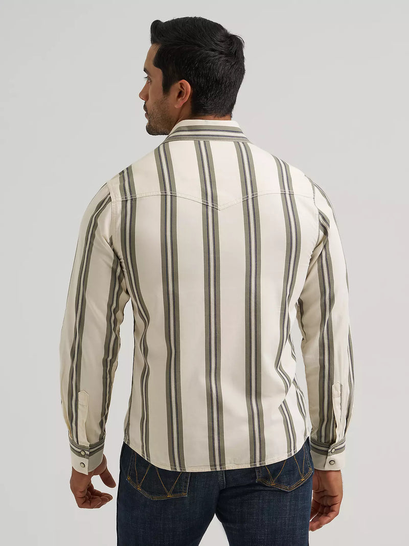 Wrangler Retro® Men's L/S Premium Stripe Western Snap Shirt in Olivine