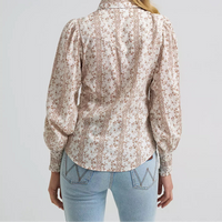 Wrangler Women's L/S Smocked Sleeve Western Snap Blouse in White