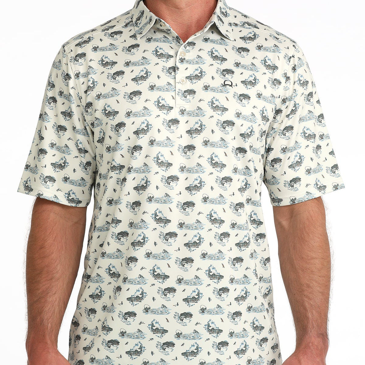 Cinch Men's S/S Arenaflex Western Print Polo in Cream Fishy Print