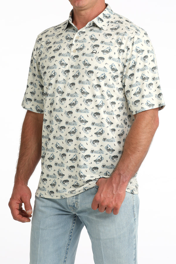 Cinch Men's S/S Arenaflex Western Print Polo in Cream Fishy Print